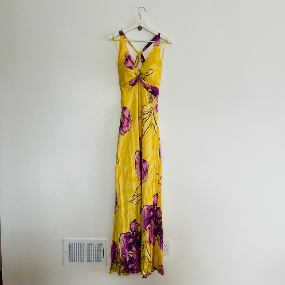 Cache Vintage Yellow Purple Floral Cutout Maxi Dress Size 6 Y2K - Picture 2 of 9